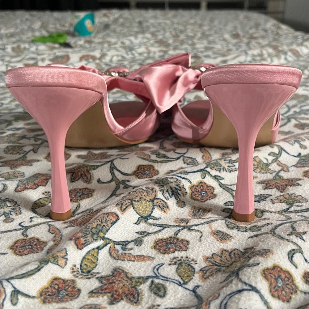 PrettyLittleThing Pink Satin Heels with Heart Detail - Picture 2 of 5